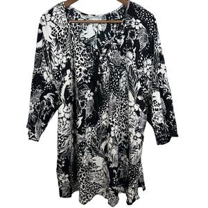 Catherine's 3/4 Sleeve Top 2X White Black‎ Floral Tropical Beachy Travel Tassle